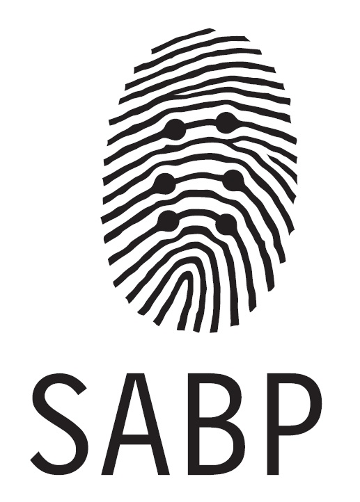 SABP logo. Odtlačok prsta, z ktorého vedú papilárne línie k bodom brailovej bunky