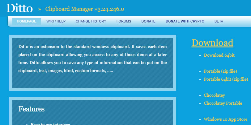 Screenshot z webstránky správcu kopírovania textu aj súborov Ditto