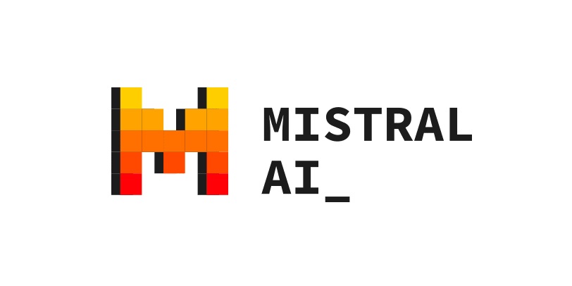 logo Mistral AI. Velke tlacene pismeno M vo farbach od zltej po oranzovu. Na pravo v dvoch riadkoch Mistral AI_